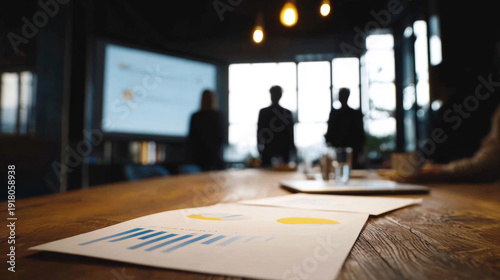 Business professionals attending a corporate meeting, reviewing financial data and charts on documents while a presentation displays on a screen