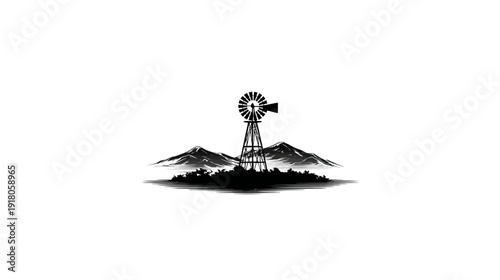 A monochrome illustration of a windmill with mountains in background over a thicket