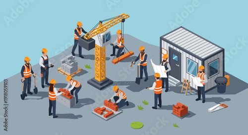 Construction Workers Building Site Office Complex.