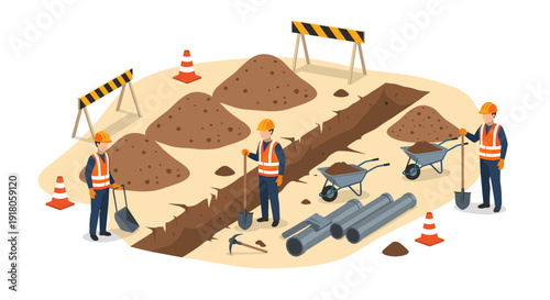 Construction Workers Digging Trenches on Site.