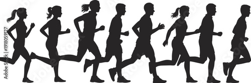 Running silhouettes of diverse athletes jogging in sequence, fitness training concept isolated on white background for endurance marathon sport illustration