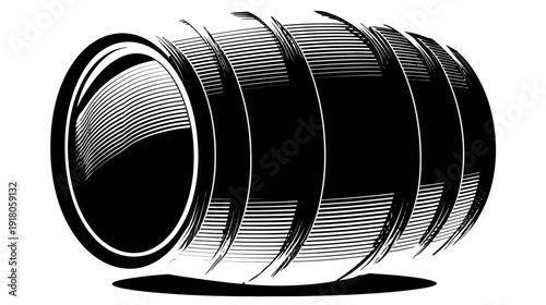 A black and white abstract artwork resembling a cylindrical form with circular openings