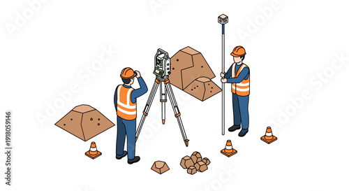 Construction Workers Surveying Land with Equipment.