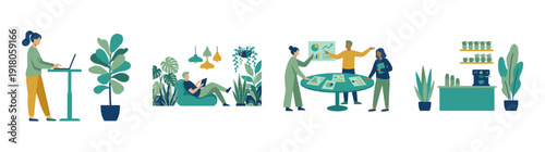 Flat Vector Modern Workplace Scenes Illustration Set for Remote Collaboration and Office Productivity