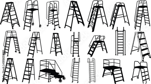 Silhouette Collection of Industrial Step Ladders, Mobile Safety Platforms, Warehouse Rolling Ladders, and Scaffolding Equipment for Construction and Maintenance Work