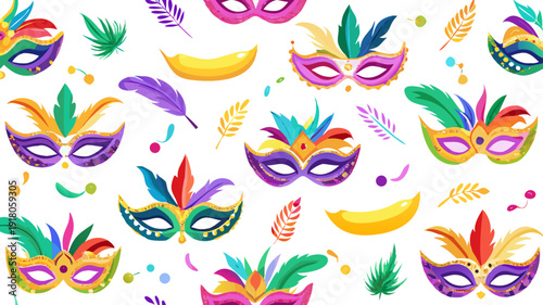 Colorful mardi gras masks feathers and festive elements seamless pattern background .vector icons