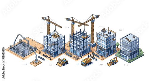 Isometric Construction Site with Buildings and Cranes.