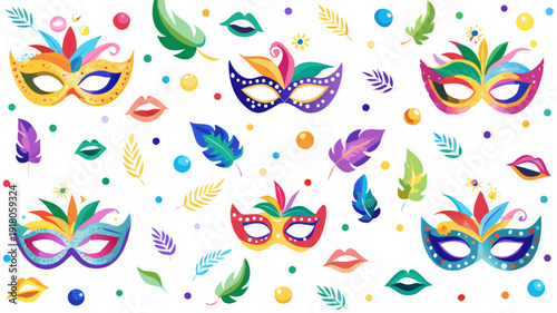 Colorful mardi gras masks feathers and festive elements seamless pattern background .vector icons