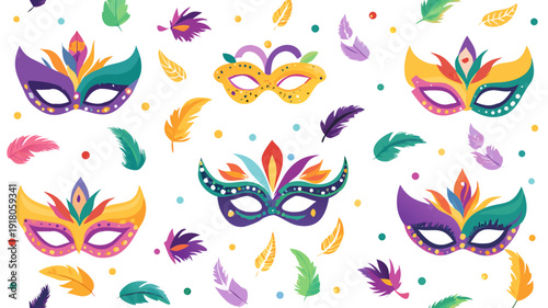 Colorful mardi gras masks feathers and festive elements seamless pattern background .vector icons
