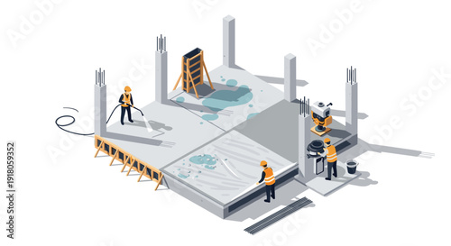 Isometric Construction Site with Workers and Crane.