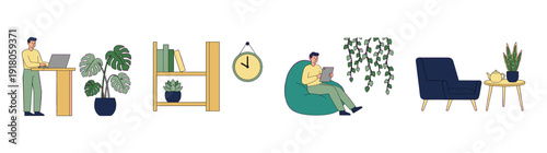 Flat Vector Remote Work and Home Office Interior Element Kit for Modern Lifestyle and Professional Productivity