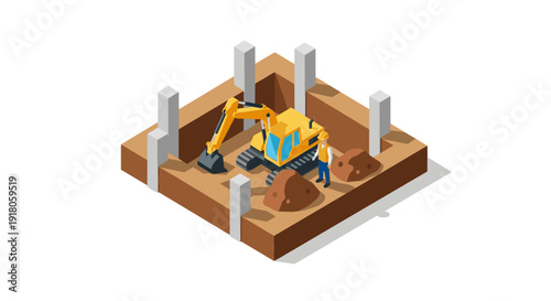Yellow Excavator Digging in Foundation Site.