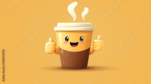 Cheerful cartoon coffee cup character giving thumbs up on yellow background