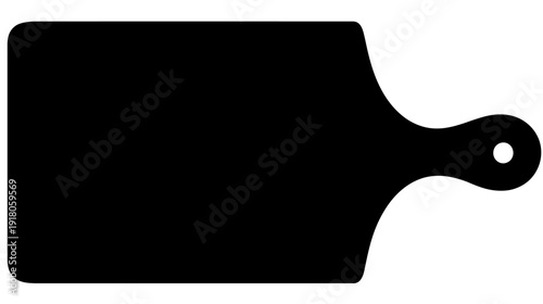A black, solid-filled graphic of a cutting board with a handle and hanging hole