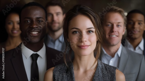 A diverse group of smiling professionals in a business setting conveying teamwork and success