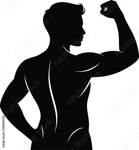 Strong muscular man flexing arm muscles confidently