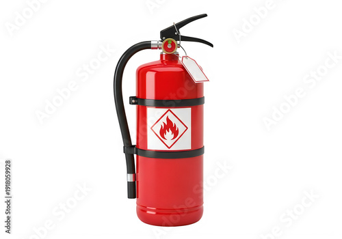 A red fire extinguisher with a black hose isolated on transparent background