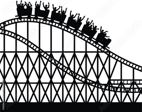 Thrilling roller coaster ride with excited riders in silhouette