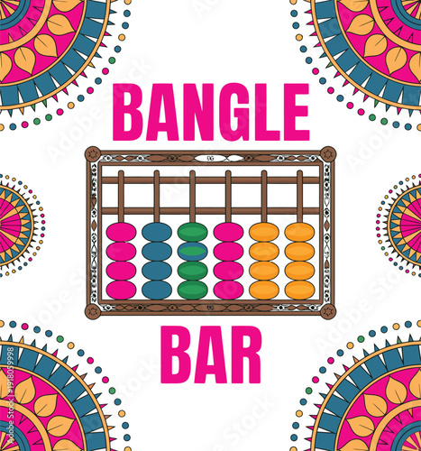 Vibrant abacus with colorful beads on wooden frame surrounded by mandalas