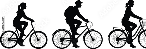 Silhouette cyclists riding bicycles, urban commuting lifestyle, eco friendly transportation concept, men women cycling together isolated white background
