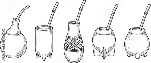 Hand drawn mate gourd cups and bombilla straws set vintage engraving vector illustration, traditional yerba mate drink accessories collection for cafe menu and packaging