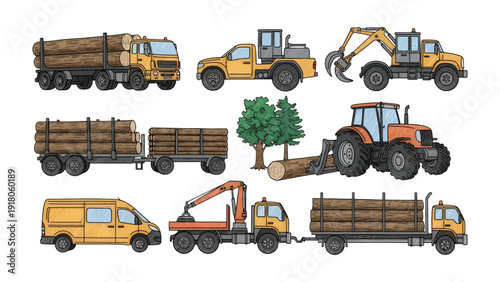 Lumber Industry Vehicles: A collection of various vehicles essential to the timber industry are shown, each designed for the transportation, harvesting, and handling of timber.