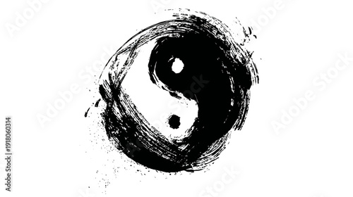 Abstract black and white illustration of the Yin and Yang symbol, brushstroke style