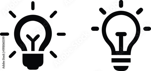 Two black light bulb icons with rays on a white background
