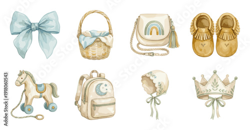 Boho Baby Accessory Set in Watercolor Vector Illustration