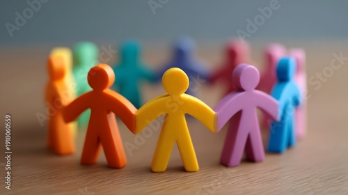 A vibrant circle of colorful simplified human figures holding hands symbolizing  teamwork and comm connection