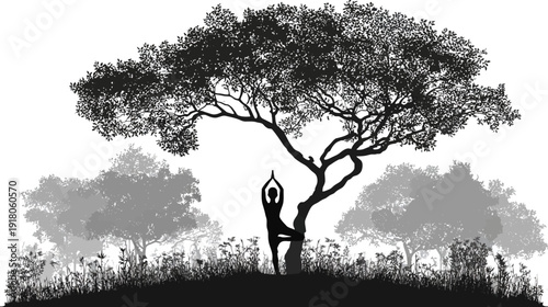 Black and white silhouette of a person in yoga pose, with large tree and smaller trees