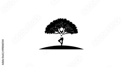 Black and white illustration of a person practicing yoga with a tree silhouette merging
