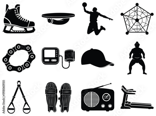 Black and white sports and fitness equipment on white background