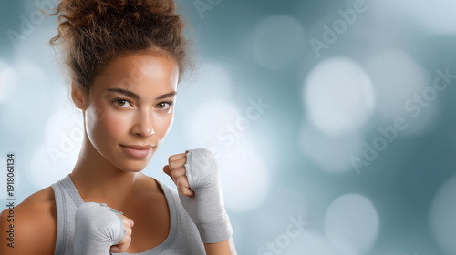 Young boxer woman mixed media representation, female martial arts training, boxing sport empowerment, athletic fighting spirit, defocused background elements, with copy space