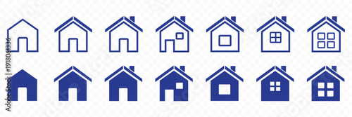 Web home icon for apps and websites  house icon set  main page navigation button in filled and outline styles  modern UI symbol on transparent background