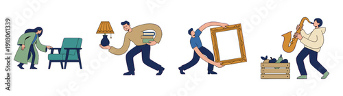 Flat Vector People with Oversized Limbs Graphic Set for Relocation and Home Decor Lifestyle Themes