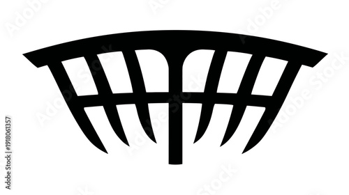 Bold black, stylized graphic with curved top, vertical bars, and pointed bottom elements