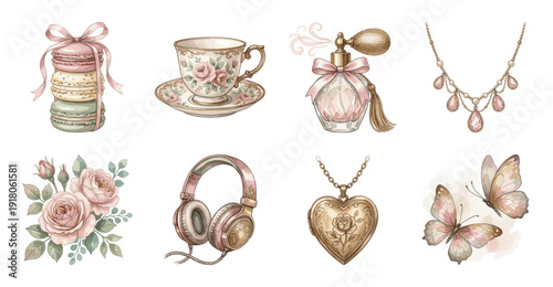 Vintage Aesthetic Stickers Set in Soft Pink and Gold