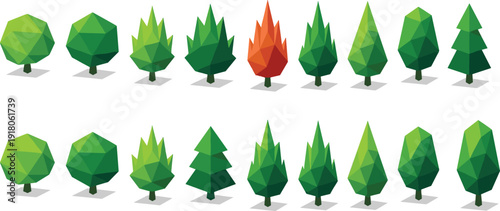Low poly trees game asset pack, geometric forest vector icons collection isolated, cartoon environment elements for mobile game design, map creator and UI background