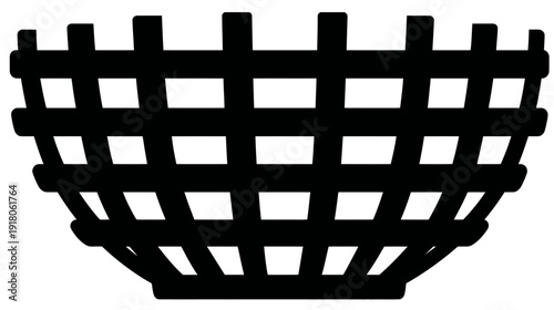 A black and white graphic of a woven basket or container