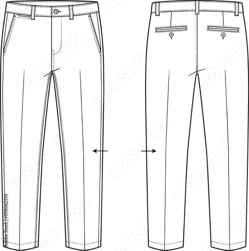 Men trousers front and back technical outline template, formal pants vector mockup for apparel manufacturing, fashion design specification, tailoring pattern and ecommerce catalog display