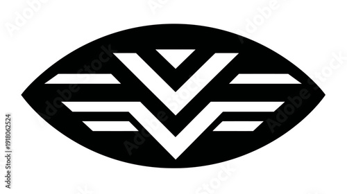 A black and white emblem, with a geometric design inside an oval shape. It features a V and several lines