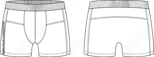Men boxer briefs front and back technical outline template, underwear vector mockup for apparel manufacturing, fashion design specification, clothing branding and ecommerce catalog presentation