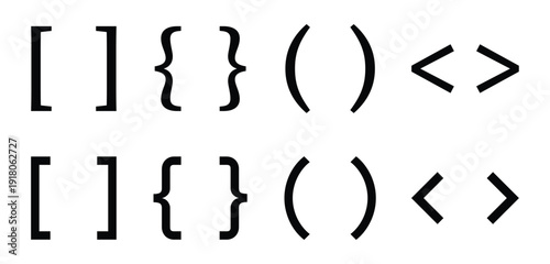 Black brackets icon Set symbolizing code block, commonly used in programming languages.
