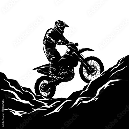 Motorcyclist Riding on Rocky Terrain in Black and White Illustration.