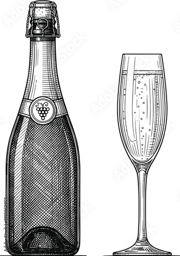Sparkling wine bottle and champagne flute vintage engraving vector illustration, celebration beverage drink for bar menu, restaurant branding, packaging and festive event design