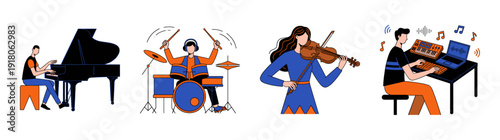 Flat Vector Musician and Music Producer Character Illustration Element Kit for Creative Studio Projects