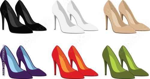 Women high heel shoes collection vector illustration, colorful stiletto pumps set isolated for fashion catalog, ecommerce product display, boutique branding and advertising design