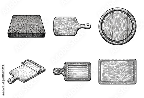 Set of vintage engraved illustrations of wooden cutting boards and butcher blocks in various shapes and styles