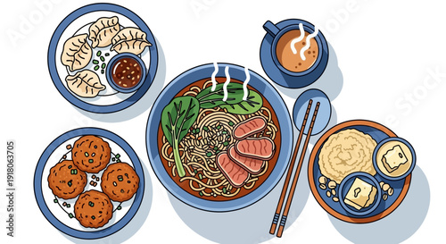 Delicious Asian Cuisine Spread Dumplings Noodles and More